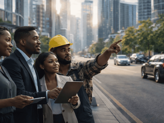 Professionnels en discussion dans la ville