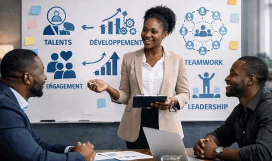 Réunion professionnelle parlant de capital humain et organisation