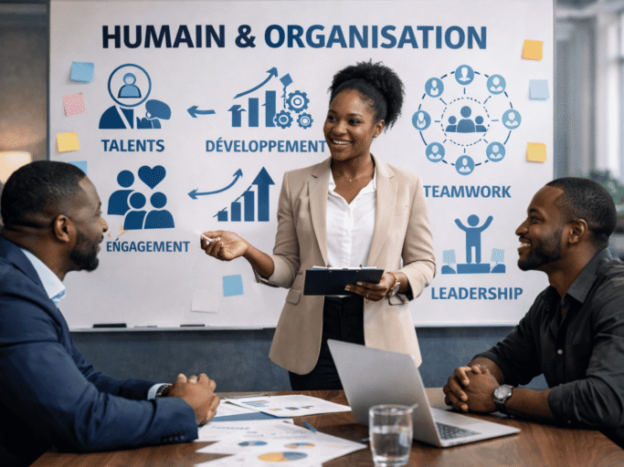 Réunion professionnelle parlant de capital humain et organisation